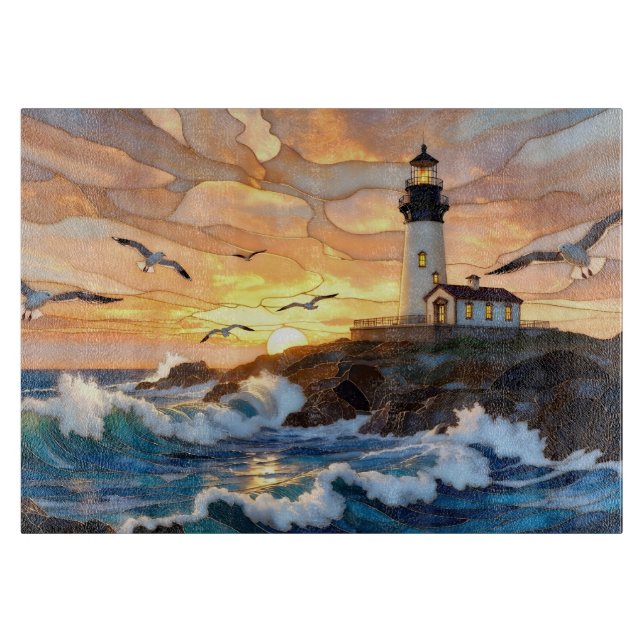 Lighthouse Ocean Sunset Cutting Board Coastal Art (Front)