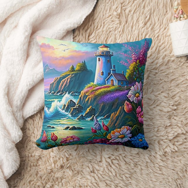 Lighthouse Ocean Waves Colourful Flowers  Cushion (Blanket)