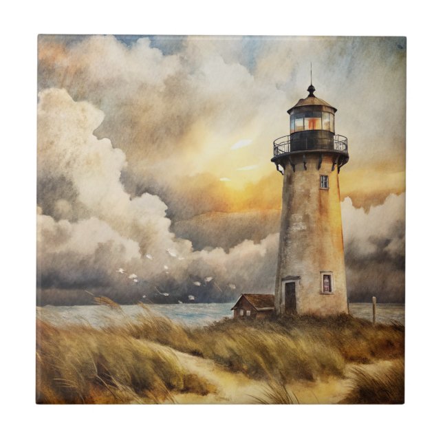 Lighthouse on a Beach Ceramic Tile (Front)