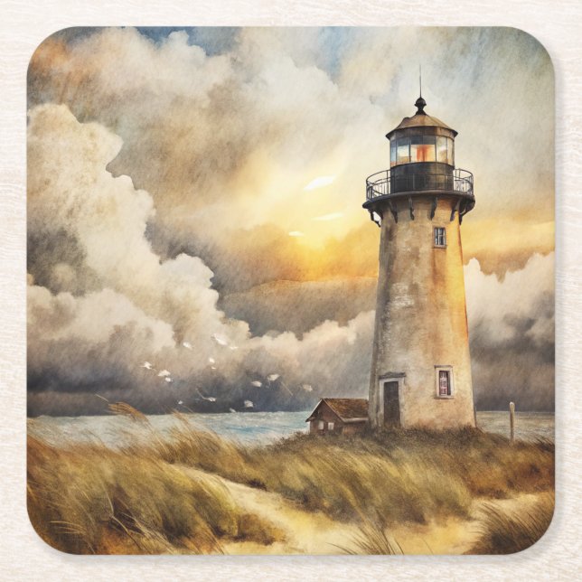 Lighthouse on a Beach Square Paper Coaster (Front)