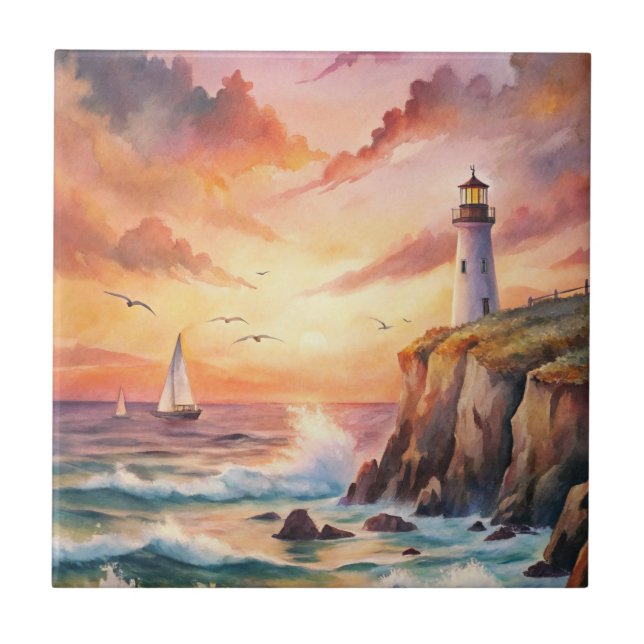 Lighthouse on a Cliff Ceramic Tile (Front)