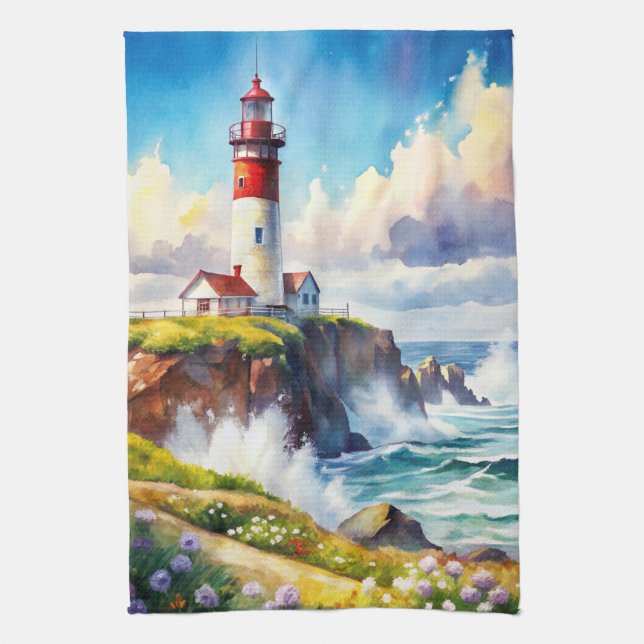 Lighthouse on a Cliff Tea Towel (Vertical)