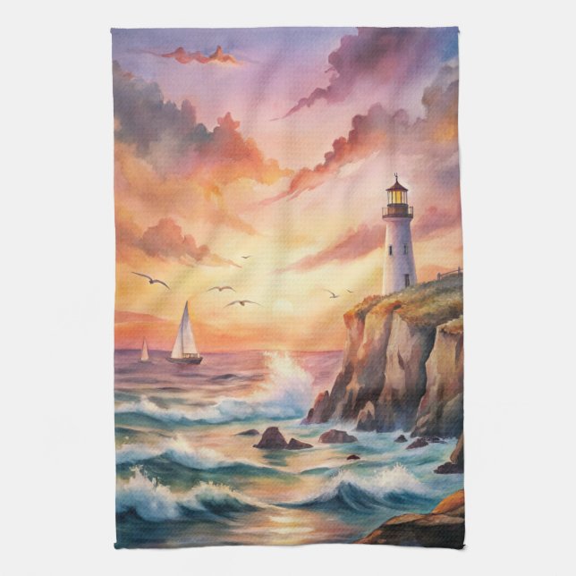 Lighthouse on a Cliff Tea Towel (Vertical)