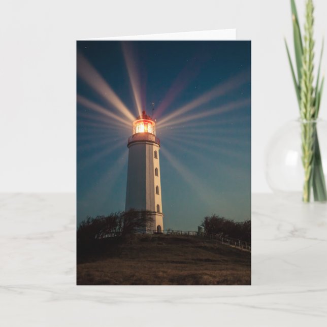 Lighthouse on a Hill Shining at Night Card (Front)