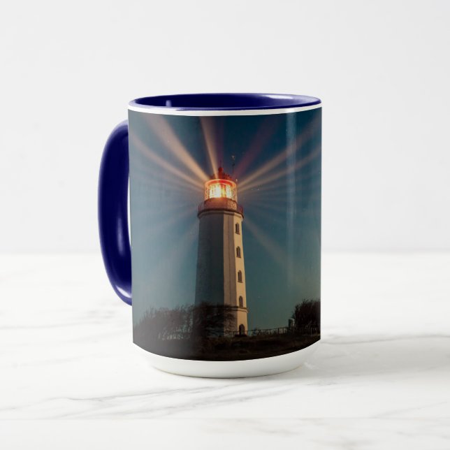 Lighthouse on a Hill Shining at Night Mug (Front Left)