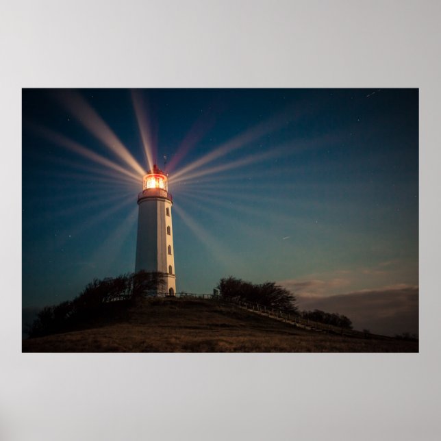 Lighthouse on a Hill Shining at Night Poster (Front)