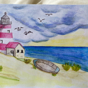 Lighthouse on beach fishing boat ocean coastal postcard