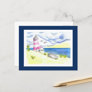 Lighthouse on beach postcard