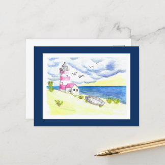Lighthouse on beach postcard
