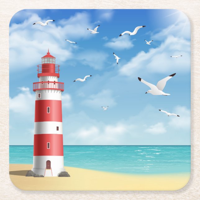 Lighthouse On Beach Square Paper Coaster (Front)