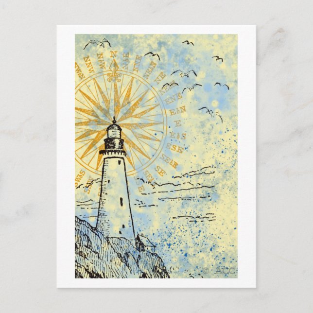 Lighthouse on cliff, ocean sea spray, seagulls postcard (Front)