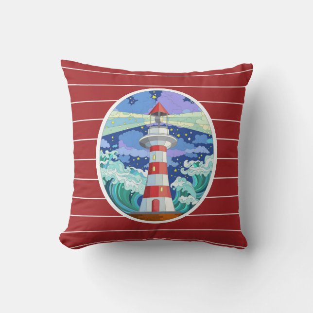 Lighthouse, on Crimson Red with pinstripes Cushion (Front)