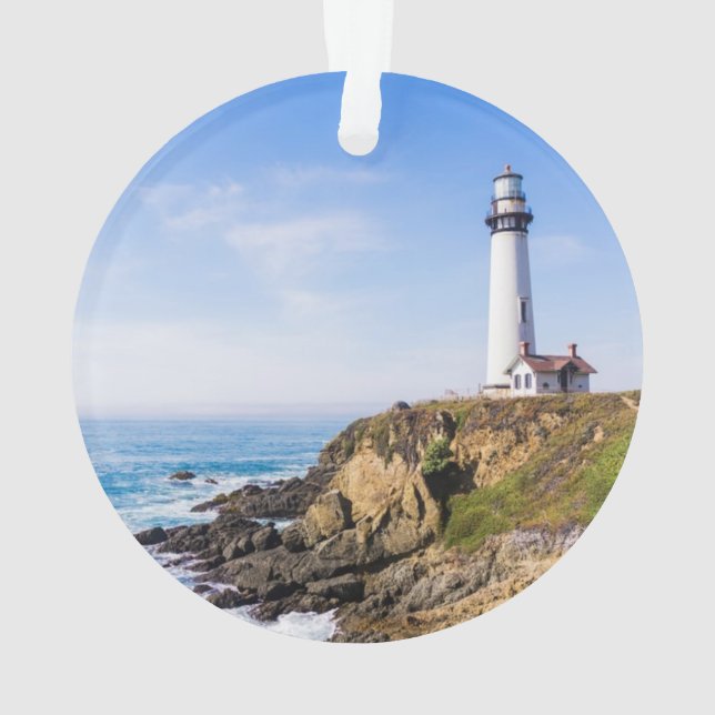 Lighthouse on hill blue sky white house ocean ornament (Back)