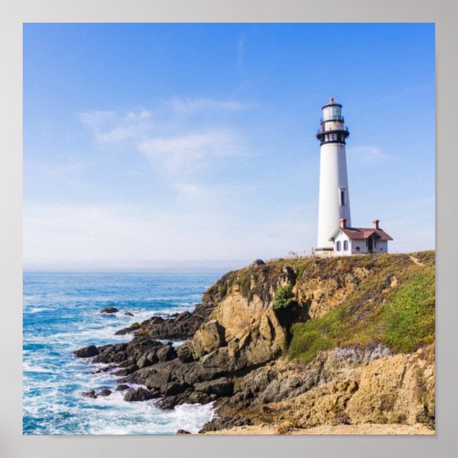 Lighthouse on hill blue sky white house ocean poster (Front)