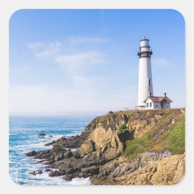 Lighthouse on hill blue sky white house ocean square sticker (Front)