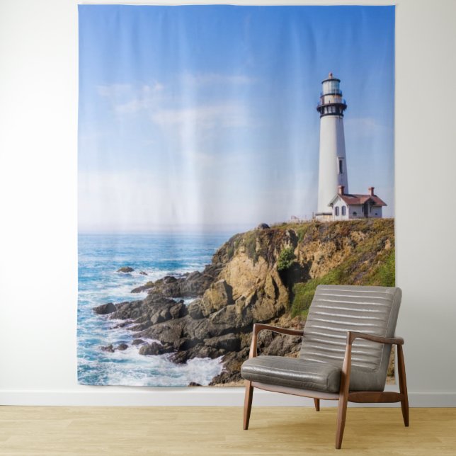 Lighthouse on hill blue sky white house ocean tapestry (In Situ)
