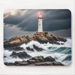 Lighthouse On Ocean Rocks Mouse Pad