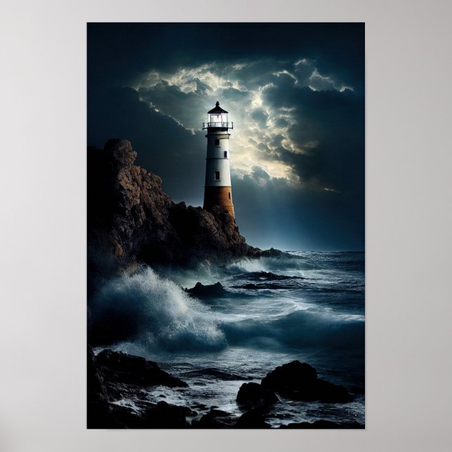 Lighthouse on Rocky Cliff with Waves Crashing Poster (Front)
