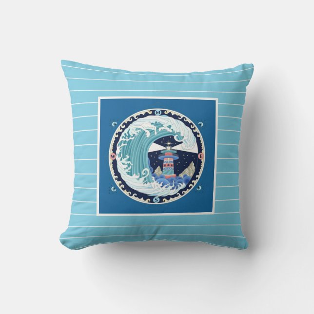 Lighthouse, on shades of blues with pinstripes cushion (Front)