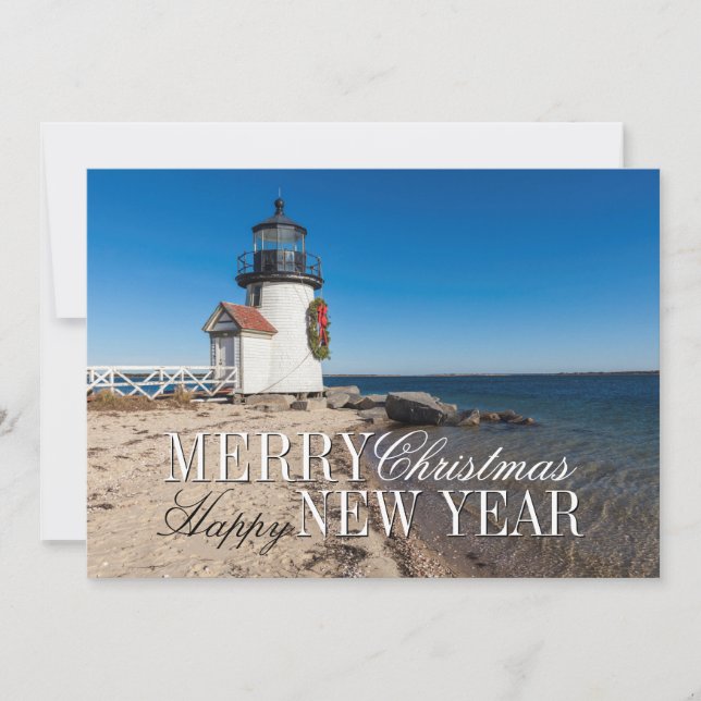 Lighthouse on the Beach with a Christmas Wreath Holiday Card (Front)