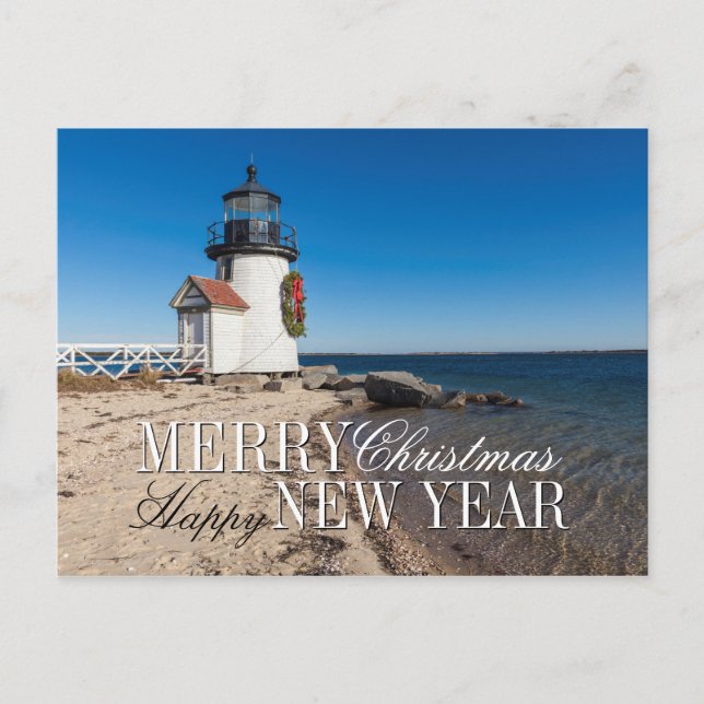 Lighthouse on the Beach with a Christmas Wreath Holiday Postcard (Front)