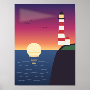 Lighthouse on the Cliff at Sunset Poster