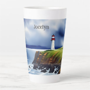 Lighthouse on the Cliffs Watercolor Personalized  Latte Mug