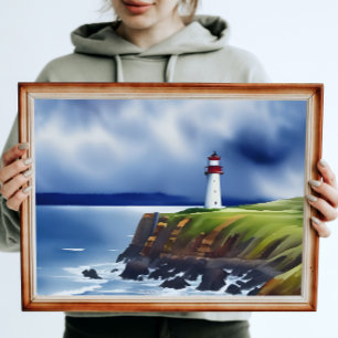 Lighthouse on the Cliffs Watercolor Poster