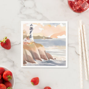 Lighthouse on the Shore   Watercolor Ocean Napkin