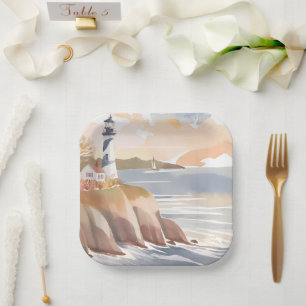 Lighthouse on the Shore   Watercolor Ocean Paper Plate