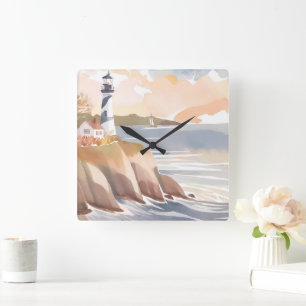 Lighthouse on the Shore   Watercolor Ocean Square Wall Clock