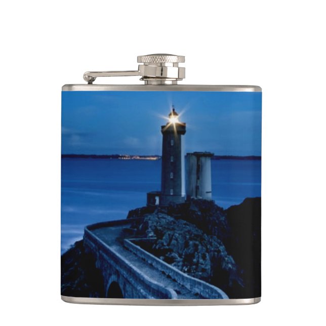 Lighthouse on wall in ocean at night hip flask (Front)