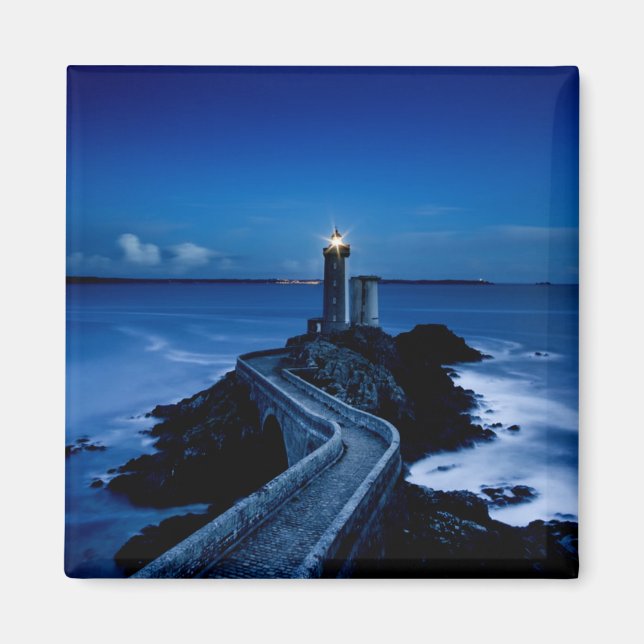 Lighthouse on wall in ocean at night magnet (Front)