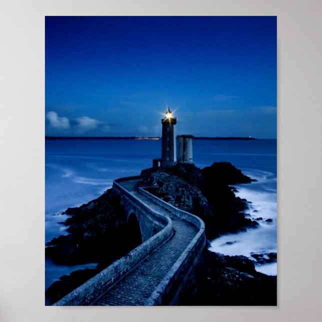 Lighthouse on wall in ocean at night poster (Front)
