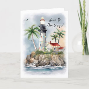 Lighthouse Palm Tree Sea Coastal Christmas Holiday Card