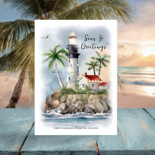 Lighthouse Palm Tree Sea Coastal Christmas Holiday Card (Creator Uploaded)