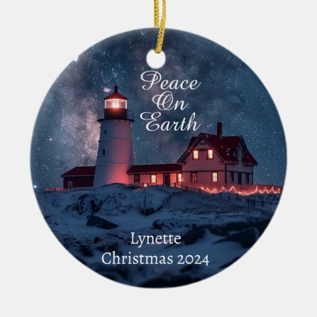 Lighthouse Peace on Earth Personalised Ornament (Front)