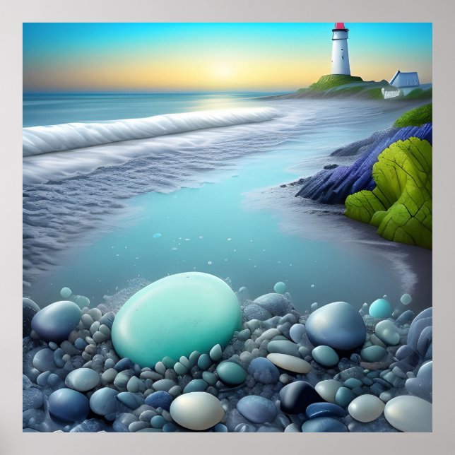 Lighthouse Pebbles at Sunriset Coastal Seascape 🌅 Poster (Front)