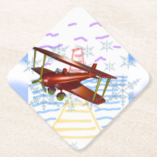 Lighthouse Pier Biplane Blue Waves Paper Coaster