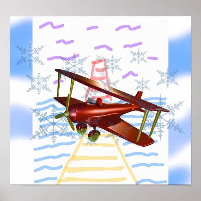 Lighthouse Pier Biplane Blue Waves  Poster (Front)