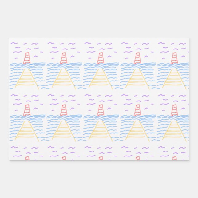Lighthouse Pier Wrapping Paper Flat Sheet Set of 3 (Front)