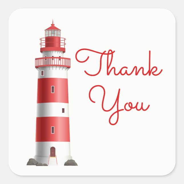 Lighthouse Red Thank You Beach Wedding Ocean Beach Square Sticker (Front)