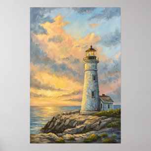 Lighthouse Rocky Coast Sunset. Poster