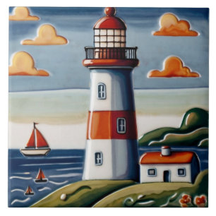 Lighthouse & Sail boats Seaside ocean sea themed Ceramic Tile
