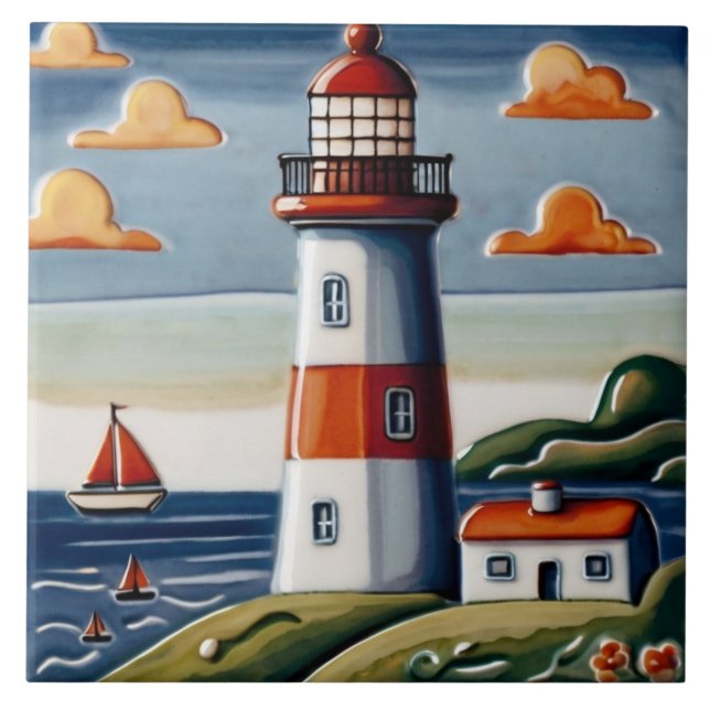 Lighthouse & Sail boats Seaside ocean sea themed Ceramic Tile (Front)