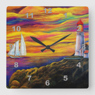 Lighthouse & Sailboat at Sunset Ocean Square Wall Clock