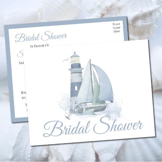 Lighthouse Sailboat Blue Nautical Bridal Shower Invitation Postcard (Creator Uploaded)