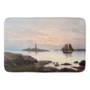 Lighthouse & Sailboat In Moonlight Bath Mat
