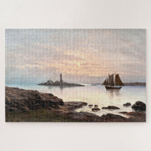 Lighthouse & Sailboat In Moonlight Jigsaw Puzzle