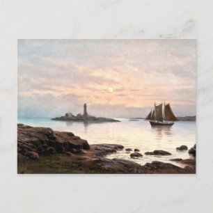 Lighthouse & Sailboat In Moonlight Poster Postcard